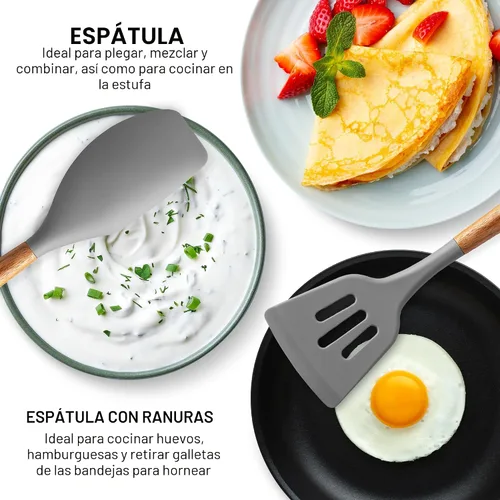 Miniatura 5 de Zulay Kitchen Juego de utensilios de cocina de silicona antiadherente con auténticas asas de madera de acacia, juego de utensilios de cocina de 5