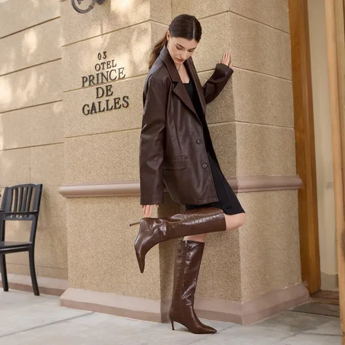 Miniatura 44 de wetkiss Botas altas hasta la rodilla para mujer, con tacón de gatito y diseño de punta puntiaguda, clásicas y sexys