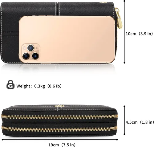 Miniatura 7 de Cartera de cuero real para mujer con adorno de camelia, bloqueo RFID, bolsillo para monedas, Negro, L, Clásico