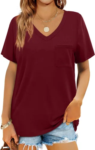 Miniatura 27 de Geifa Camisetas de manga corta con cuello en V para mujer, camisetas casuales de verano con bolsillo