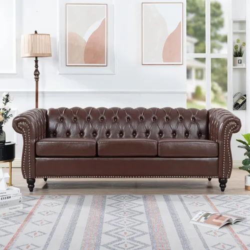 Miniatura 9 de Sofá Chesterfield moderno de tres plazas, sofá de piel sintética con brazos enrollados, cómodos sofás para sala de estar, oficina, sala de recepción