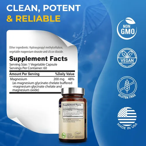 Miniatura 6 de Nature's Potent Glicinato de magnesio 200 mg Magnesio quelado de alta absorción Apoyo para dormir, calma y calambres musculares Suplemento