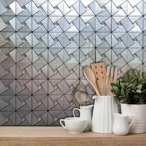 Miniatura 4 de Azulejos triangulares metálicos de 10 piezas, calcomanías de pared con textura metálica de alta gama, azulejos autoadhesivos para pared de cocina