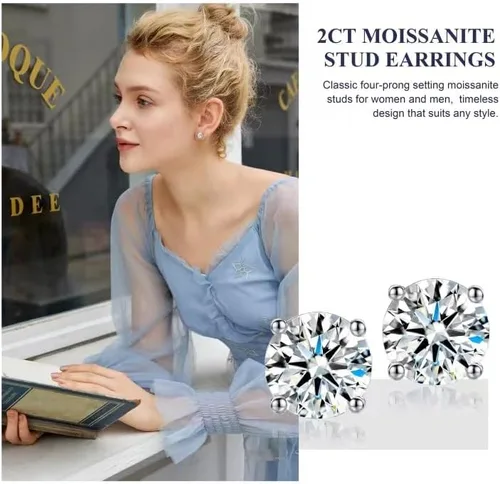 Miniatura 2 de DAYBYDAY Aretes de plata de ley 925 de moissanita para mujeres y niñas, delicados y lindos corazones, redondos, cojines, ovalados, color D, VVS1