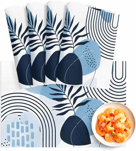 Juego de 4 manteles individuales bohemios con hojas tropicales, de cloruro de polivinilo lavable, color azul, arte abstracto de siglo medio, plantas