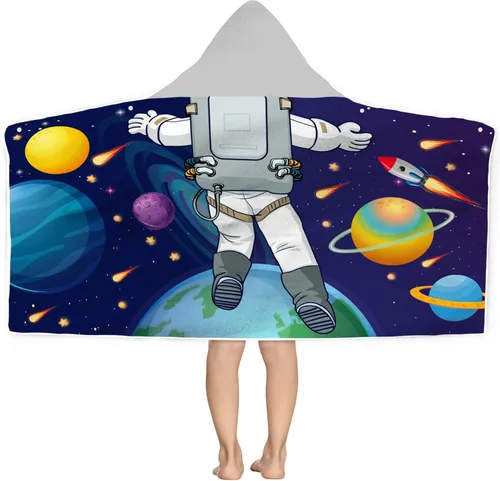 Toalla con capucha para niños con tema del espacio exterior - 30"x50", poncho de toalla de baño suave de microfibra para niños y niñas para nadar en