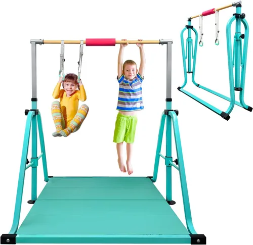Miniatura 16 de GLANT Barra de gimnasia para niños con juego de anillos, 7 alturas ajustables, fácil de plegar, barra de entrenamiento de gimnasia para niños