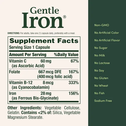 Miniatura 5 de Nature's Bounty Gentle Iron Cápsulas de 28 mg con vitamina C, ácido fólico, suplemento de hierro de vitamina B-12, sin OMG, sin gluten, 90