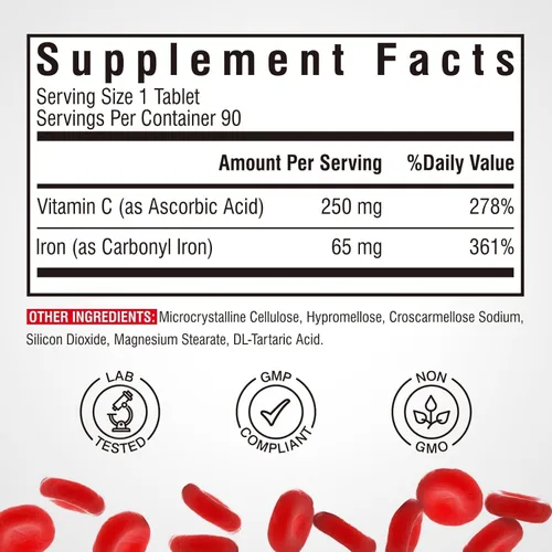 Miniatura 5 de Suplemento de hierro, 65 mg de hierro carbonilo con 250 mg de vitamina C, píldoras de hierro amigables con el estómago para mujeres y hombres, alta