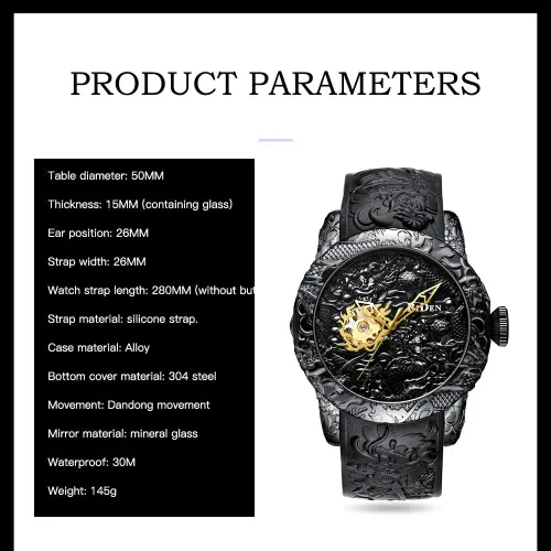 Miniatura 4 de Reloj automático para hombre, a la moda, grabado en 3D, impermeable, esfera grande, reloj deportivo, 50 mm
