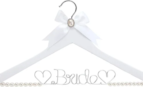 Colgador de vestido de novia de madera maciza blanca con letras de alambre para novia, regalo de fiesta de boda (percha blanca, hilo plateado