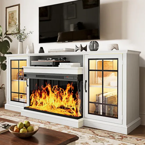 Miniatura 22 de MXV - Soporte de chimenea para TV de 59 pulgadas, centro de entretenimiento estilo granja con soporte de TV de 3 lados de vidrio, consola multimedia