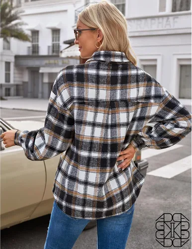 Miniatura 2 de GRAPENT Chaqueta de franela a cuadros de gran tamaño con botones para mujer, abrigos de manga larga