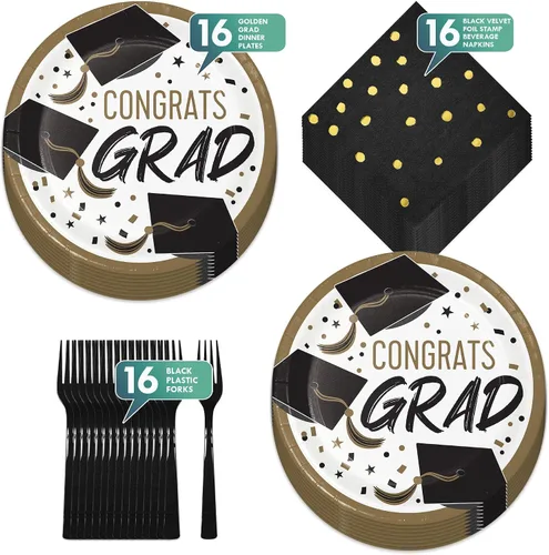 Miniatura 2 de Platos llanos y servilletas de papel dorado para fiestas de graduación, color negro, blanco y dorado (16 platos y servilletas)