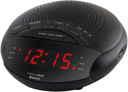HANNLOMAX Radio despertador HX-139CR, radio FM PLL con estaciones preestablecidas, alarma dual, pantalla LED roja de 0.6 pulgadas, puerto USB para