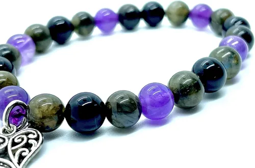 Miniatura 4 de DCE - Pulseras de triple piedra de protección óptima. Pulsera elástica de cristal curativo con cuentas de turmalina negra con dije de corazón por