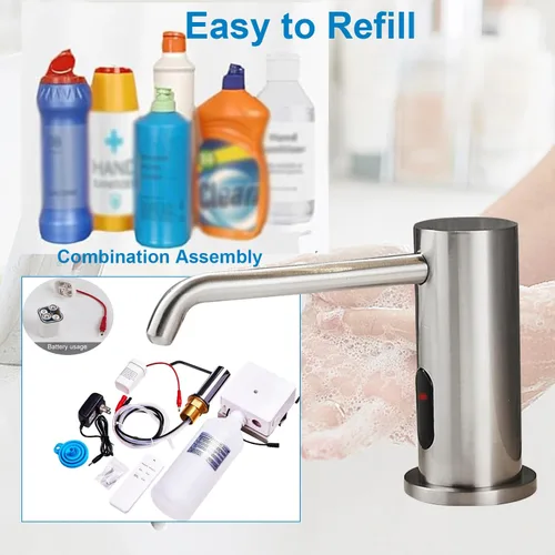 Miniatura 5 de Dispensador de jabón automático sin contacto para fregadero de cocina y baño, dispensador de jabón eléctrico comercial líquido de níquel cepillado