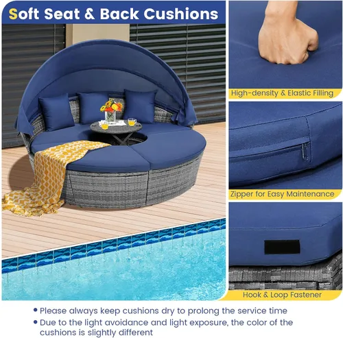 Miniatura 6 de HAPPYGRILL Sofá cama al aire libre con toldo, sofá modular de mimbre de ratán con mesa auxiliar, cojines, juego de conversación de patio para Gris
