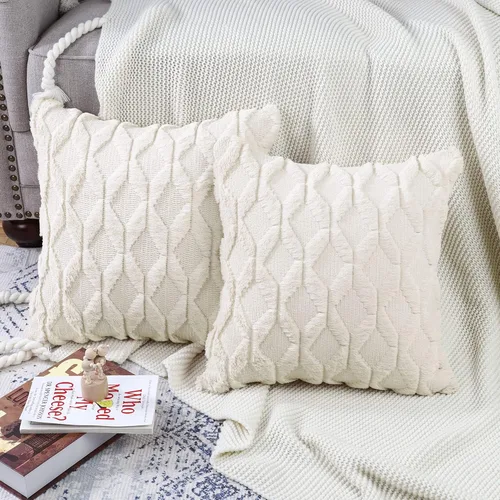 Miniatura 5 de MADIZZ Juego de 2 fundas de almohada decorativas de terciopelo de lana corta de poliéster suave de 22 x 22 pulgadas, fundas de cojín cuadradas beige