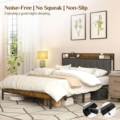 Miniatura 7 de Base de cama de plataforma tamaño Queen con cabecera tapizada y puertos USB para carga, sin somier, soporte fuerte y sin ruido, fácil montaje Marrón