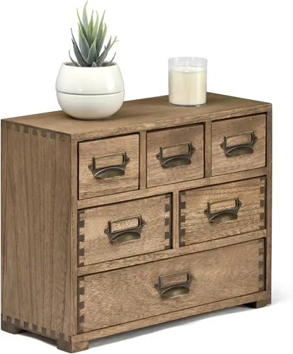 Organizador de escritorio de madera Kirigen, gabinete de almacenamiento para el hogar con 6 cajones, mini cofre con asas para portaetiquetas para la