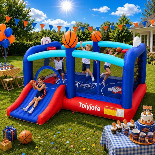 Miniatura 5 de Casa inflable de baloncesto extragrande para niños grandes de 8 a 12 años, castillo hinchable inflable de 16 pies con tobogán y aros dobles, puente