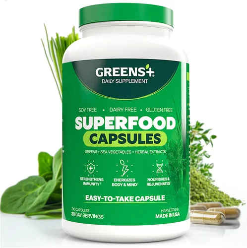 Greens+ Superfood Organic Super Greens Cápsulas vegetales con clorela orgánica, espirulina, alfalfa y pasto de trigo, suplemento mezclado de