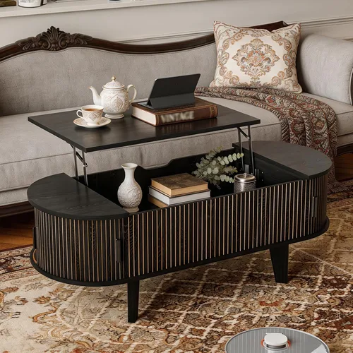 Mesa auxiliar ovalada con almacenamiento, mesa de centro acanalada de 47.2 pulgadas con puerta corrediza de tambor de 180°, mesa central moderna de