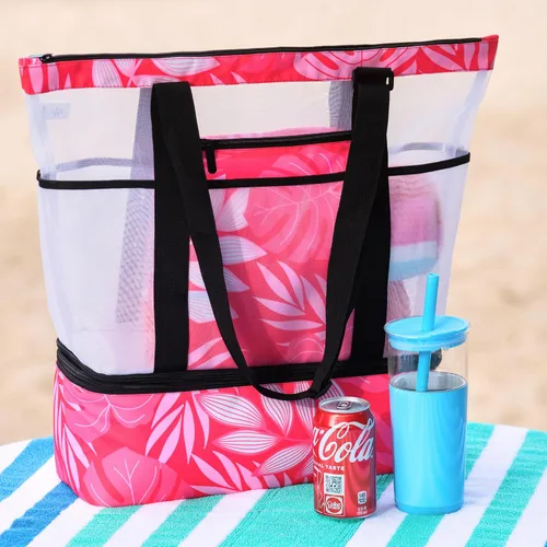 Miniatura 12 de L'OLGA Bolsa grande de malla con enfriador aislado desmontable, bolsa de fin de semana de playa