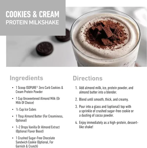 Miniatura 6 de Isopure Zero Carb 100% Proteína Pura de Suero Aislado en Polvo, Libre de Lactosa, Libre de Gluten, Con Vitaminas, Galletas y Crema, 25g de Proteína