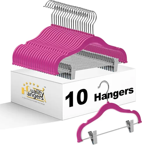 Perchas de plástico de calidad para niños, no aterciopeladas, delgadas, compactas, con clips de metal, para faldas, pantalones, blusas, gancho Rosa