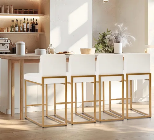 Miniatura 51 de Juego de 2 taburetes de bar de altura de mostrador de color blanco cremoso de 24 pulgadas, modernos taburetes de bar dorados con respaldo tapizado