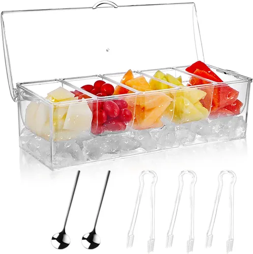 MOLIGOU Servidor de condimentos refrigerado con tapa, bandeja de condimentos refrigerados con 5 compartimentos extraíbles, recipientes para servir