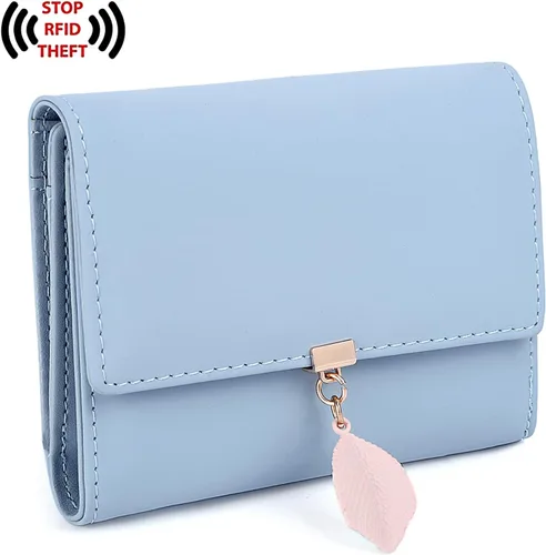 Miniatura 137 de UTO - Cartera pequeña RFID de piel sintética con dije de hoja, cierre de cremallera y tarjetero.