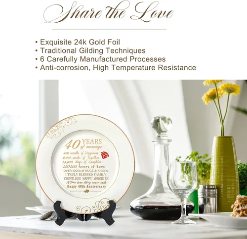Miniatura 3 de Urllinz Regalos de Boda del 40º Aniversario para Esposa - Plato de 40 Años de Aniversario con Lámina de Oro de 24k, Decoraciones Alegres