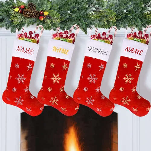 Miniatura 13 de Calcetines negros de piel sintética de Navidad, 1 paquete grande de 22 pulgadas, medias colgantes de felpa negra con nombre personalizado con copos