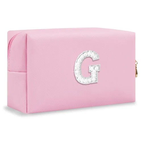Miniatura 272 de Pequeña bolsa de maquillaje personalizada con inicial A-Z Preppy Patch, bolsa de cosméticos de viaje de felpilla blanca con cremallera, bonita bolsa