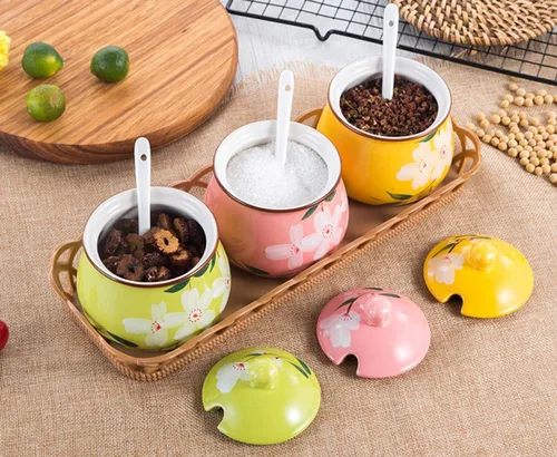 Miniatura 4 de Tarro de condimento de cerámica japonés pintado a mano con cuchara de tapa
