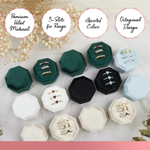 Miniatura 4 de Caja de terciopelo para anillos de alta calidad para ceremonia de boda con tapa desmontable, elegante y bonita caja para anillos de boda, 3 ranuras