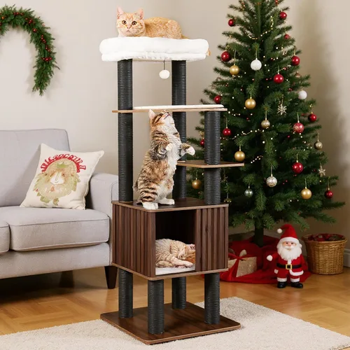 Miniatura 3 de PETSITE Árbol de madera para gatos de 64 pulgadas, torre para gatos moderna de varios niveles con postes rascadores, amplio condominio con agujero