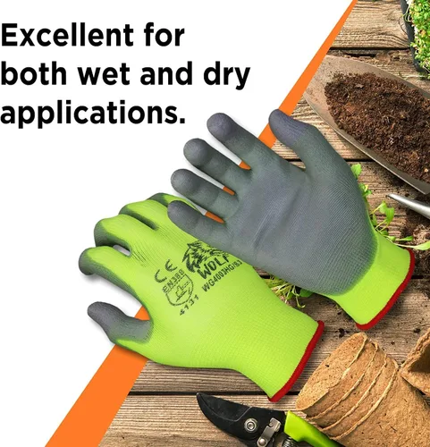 Miniatura 3 de WOLF Guantes de trabajo con palma recubierta de poliuretano y carcasa de nylon, para construcción, mecánica, almacén, trabajo de jardinería, trabajo