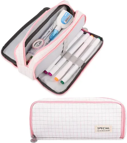 Miniatura 12 de iSuperb - Estuche grande para lápices con gran capacidad, de lona, con 3 compartimentos, bolsa para bolígrafos, bolsa de marcadores