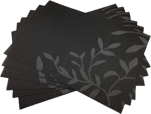 Juego de 6 manteles individuales de PVC, juego de 6 manteles individuales de vinilo tejido de PVC, color natural (6 piezas, hojas negras)