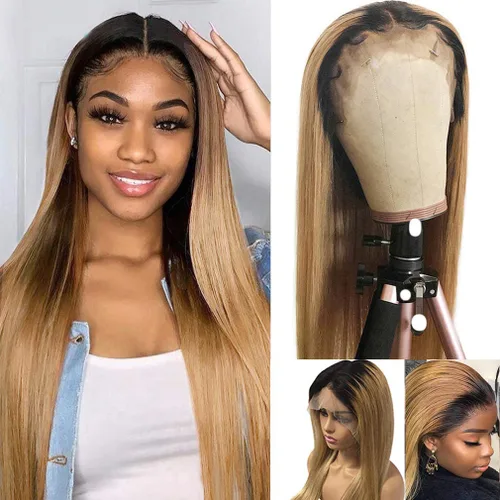 Peluca rubia lacia con cabello humano de 26 pulgadas, tono degradado #1B/27, 150% densidad, encaje frontal de 13 x 6, color rubio miel castaño y 2