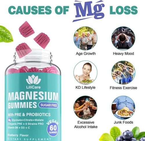 Miniatura 5 de Gomitas de complejo de magnesio de 400 mg para mujeres y hombres con prebióticos y probióticos, suplemento de gomita de citrato de glicinato