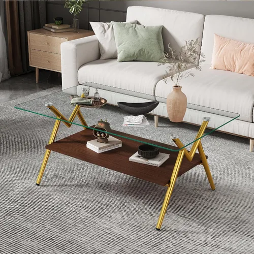 Miniatura 11 de Mesa de centro moderna rectangular con tapa de vidrio templado con estante de madera para el hogar, sala de estar, oficina, tienda o dormitorio