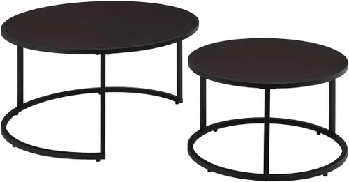 Miniatura 6 de 24KF Moderna mesa de centro redonda de piel sintética con base de metal negro, mesa de té decorativa para sala de estar, juego de 2, color marrón