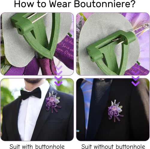 Miniatura 5 de 6 piezas de flores artificiales para boda, ramillete de simulación de rosas pequeñas moradas, accesorios de flores artificiales para novia, novio