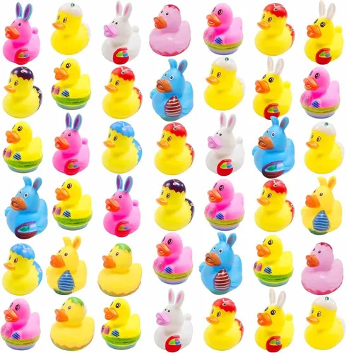 36 patos de goma de Pascua, accesorios para baby shower, mini patitos de conejo de 2.16 pulgadas, juguetes de baño para niños y niñas, divertidos