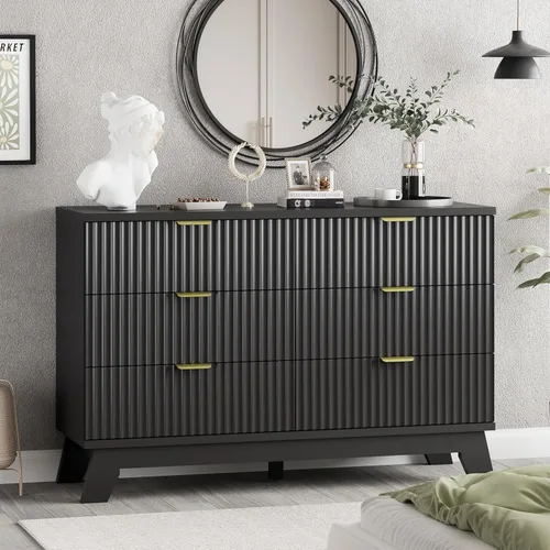 Miniatura 12 de Xixini - Cómoda moderna de madera acanalada para dormitorio, sala estar, pasillo o armario, para organizar y almacenar ropa o soporte de TV, 6 Roble